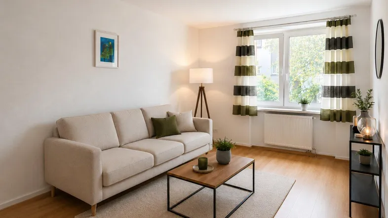 Helles Wohnzimmer mit beigem Sofa, Holzboden und Blick ins Grüne durch große Fenster.