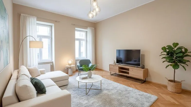 Helles Wohnzimmer mit modernem Design, Parkettboden und beiger Wandfarbe, ideal zum Entspannen.