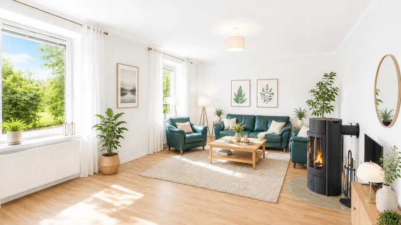 Helles Wohnzimmer mit Holzboden, Kaminofen und Blick ins Grüne durch große Fenster.