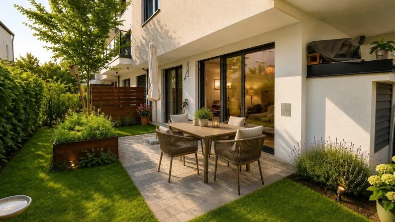 Gepflegter Gartenbereich mit Terrasse und Sitzgelegenheiten, direkt am modernen Gebäude gelegen.