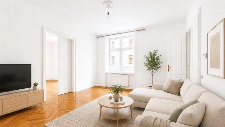 Helles Wohnzimmer mit Fischgrätparkett, modernem Sofa und Blick nach draußen.