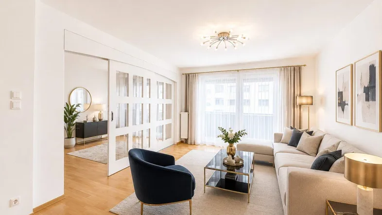 Helles Wohnzimmer mit modernem Sofa, Couchtisch und Zugang zu einem weiteren Raum durch Schiebetüren.