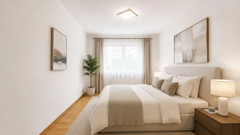 Helles Schlafzimmer mit Holzboden, großem Bett und moderner Dekoration, ideal zum Entspannen.