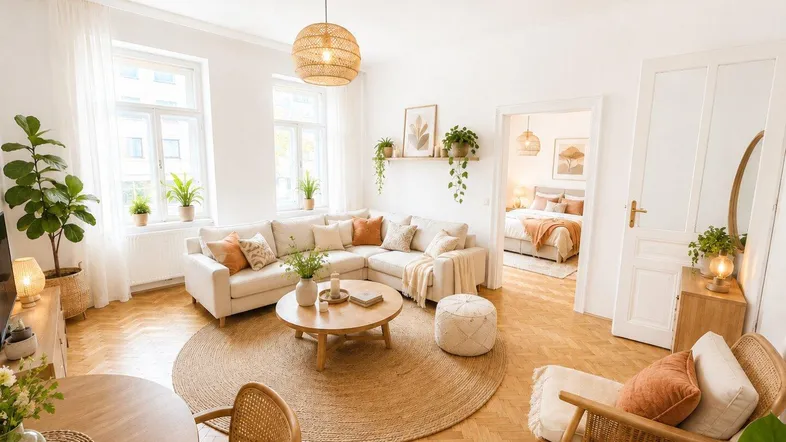Helles Wohnzimmer mit gemütlichem Ecksofa, Parkettboden und Blick in ein weiteres Zimmer.