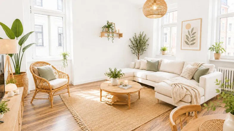 Helles und gemütliches Wohnzimmer mit beigem Ecksofa, Holzboden und natürlicher Dekoration.