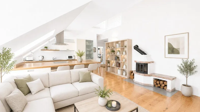 Helles, offenes Wohnzimmer mit integrierter Küche, Kamin und Holzboden unter Dachschrägen.