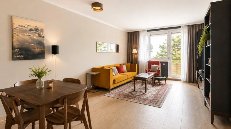 Helles Wohn- und Esszimmer mit modernem Mobiliar, Holzboden und Zugang zu einem Balkon mit grüner Aussicht.