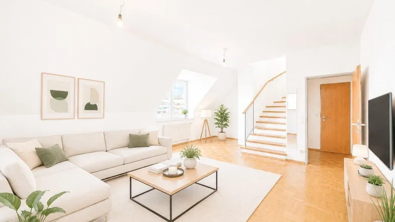 Virtuell inszeniertes Wohnzimmer mit Dachschrägen, hellem Parkettboden und Zugang zu einer Treppe.