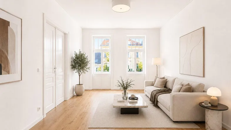 Helles, modern eingerichtetes Wohnzimmer mit Holzboden, hohen Decken und großen Fenstern.