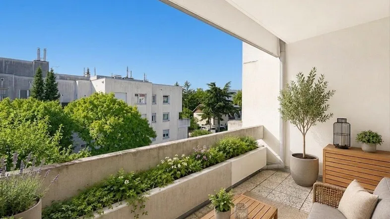 Geräumiger Balkon mit Pflanzen, Sitzgelegenheiten und Blick auf die umliegenden Gebäude und Bäume.