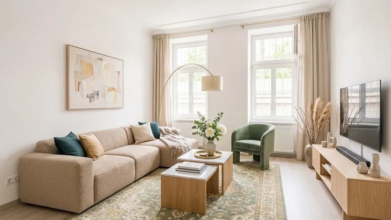 Helles, modern eingerichtetes Wohnzimmer mit beigem Sofa, Teppich und großen Fenstern.