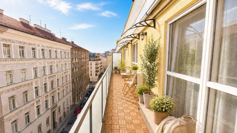 Sonniger Balkon mit Holzboden, modernen Pflanzen und einem weiten Blick über die Stadt.