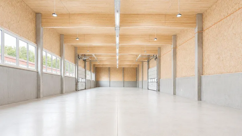 Große, helle Industriehalle mit hohen Decken, Oberlichtern und mehreren Rolltoren für vielseitige Nutzung.