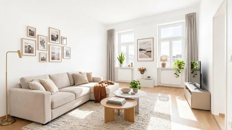 Helles, modern eingerichtetes Wohnzimmer mit beigem Ecksofa, Holzboden und großen Fenstern.