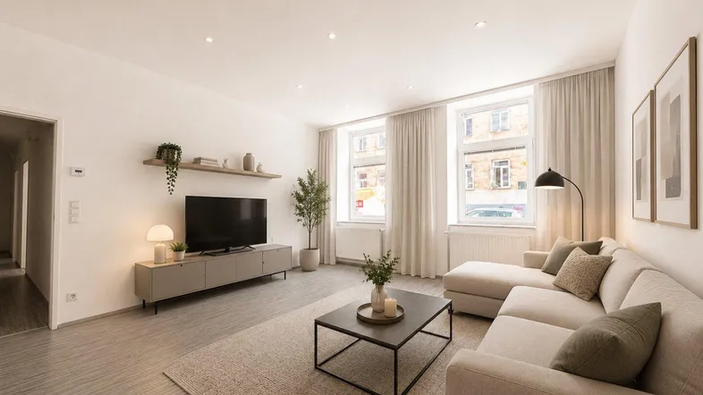 Virtuell inszeniertes Wohnzimmer mit moderner Einrichtung, großen Fenstern und hellem Boden.