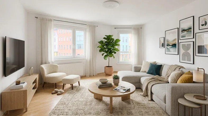 Helles, modern eingerichtetes Wohnzimmer mit beigem Sofa, Holzboden und Blick auf farbige Gebäude.