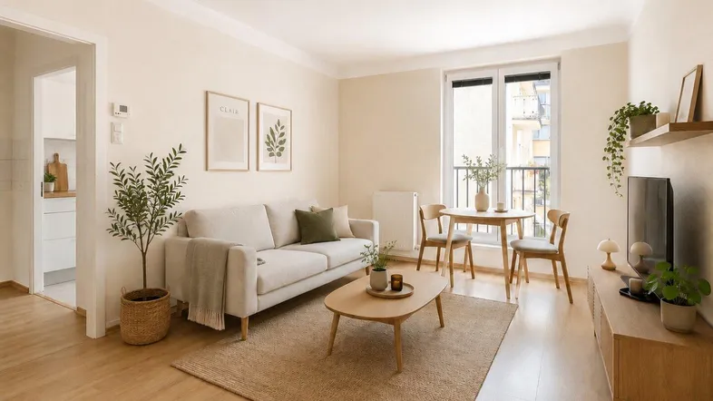 Heller Wohn- und Essbereich mit modernem Mobiliar, Holzboden und Zugang zu einem französischen Balkon.