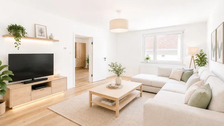 Helles, modern eingerichtetes Wohnzimmer mit großem Sofa, Holzboden und viel Tageslicht.