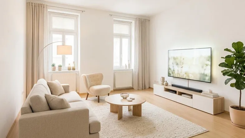 Helles Wohnzimmer mit beigem Sofa, Holzboden, großem Fernseher und moderner Dekoration.