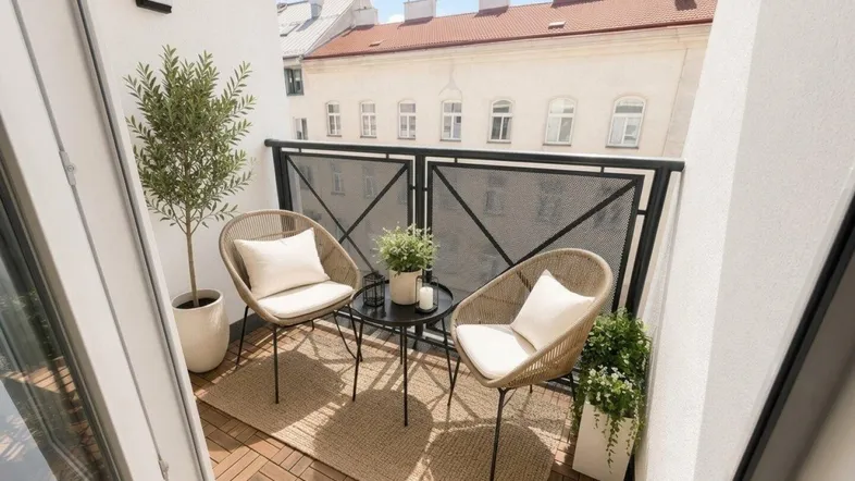Gemütlicher Balkon mit Sitzgelegenheiten und Blick auf die umliegenden Stadtgebäude.