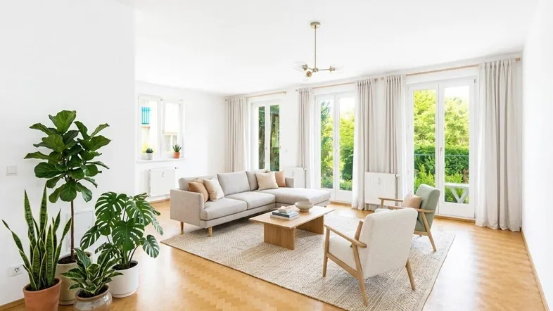 Helles Wohnzimmer mit modernem Sofa, Parkettboden und Zugang zu einem grünen Außenbereich.
