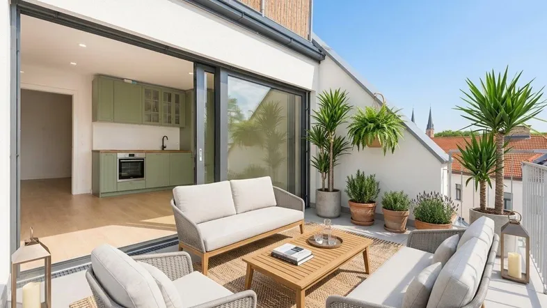 Möblierte Dachterrasse mit Pflanzen, Stadtblick und direktem Zugang zu einer modernen Küche.