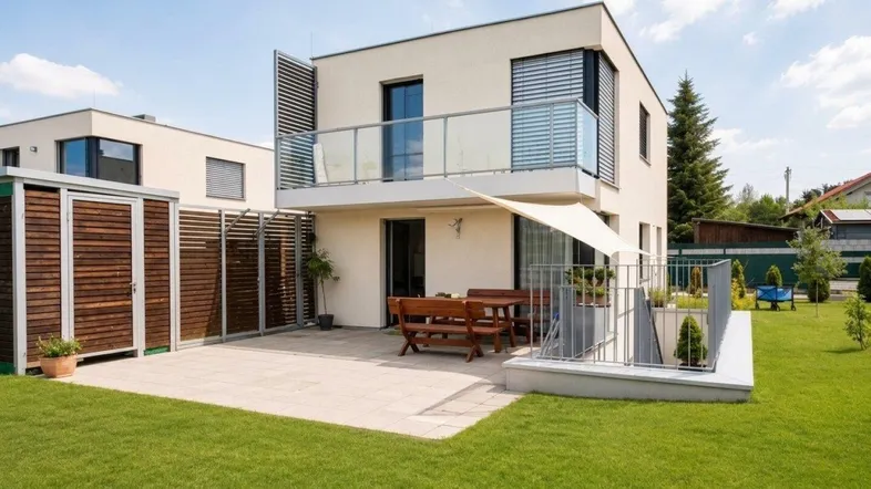 Modernes Einfamilienhaus mit gepflegtem Garten, großer Terrasse und Balkon im Obergeschoss.