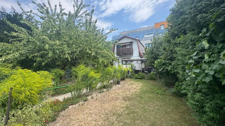 Gartenweg führt zu einem kleinen Haus mit üppiger Vegetation und Blick auf ein Mehrfamilienhaus.