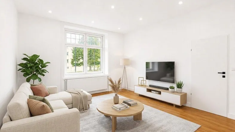 Helles Wohnzimmer mit Holzboden, großen Fenstern und moderner Einrichtung, ideal zum Entspannen.