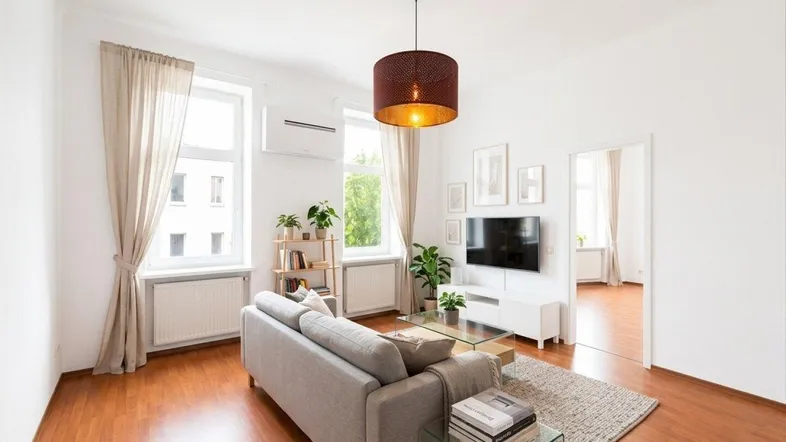Helles Wohnzimmer mit Parkettboden, beigem Sofa und moderner Deckenleuchte.
