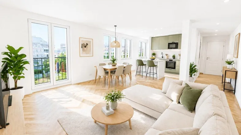 Heller, offener Wohn- und Essbereich mit moderner Küche, Parkettboden und Zugang zu einem französischen Balkon.