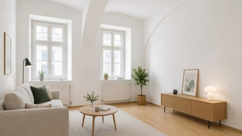 Helles Wohnzimmer mit Holzboden, großen Fenstern und modernen Möbeln, virtuell inszeniert.