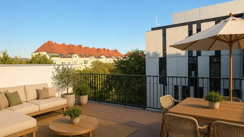 Geräumige Dachterrasse mit modernen Outdoor-Möbeln, Essbereich und weitem Blick über die Stadt.