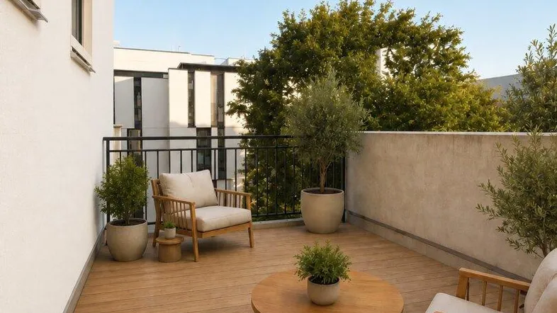 Geräumige Terrasse mit Holzoptik-Boden, bequemen Loungemöbeln und Blick auf grüne Bäume.