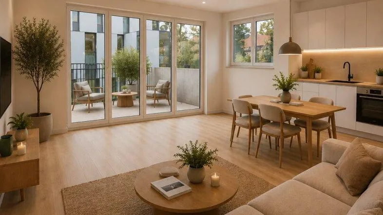 Helles, offenes Wohn-Esszimmer mit integrierter Küche und Zugang zu einem Balkon.