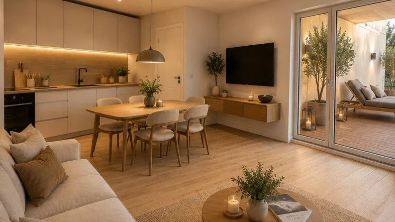 Helles, offenes Wohnzimmer mit integrierter Küche, Essbereich und Zugang zu einer großen Terrasse.