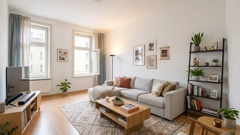 Helles Wohnzimmer mit modernem Sofa, Holzboden und Blick auf die Umgebung durch große Fenster.