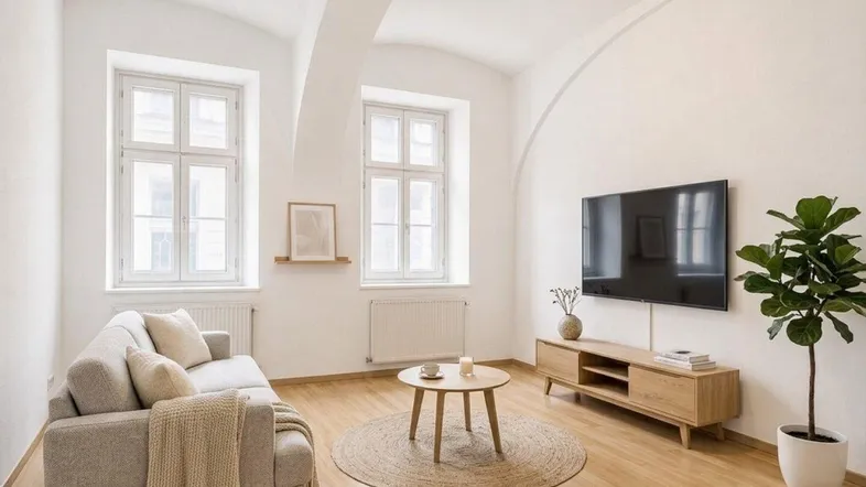 Helles Wohnzimmer mit modernen Möbeln, Holzboden und gewölbter Decke, ideal für entspannte Abende.
