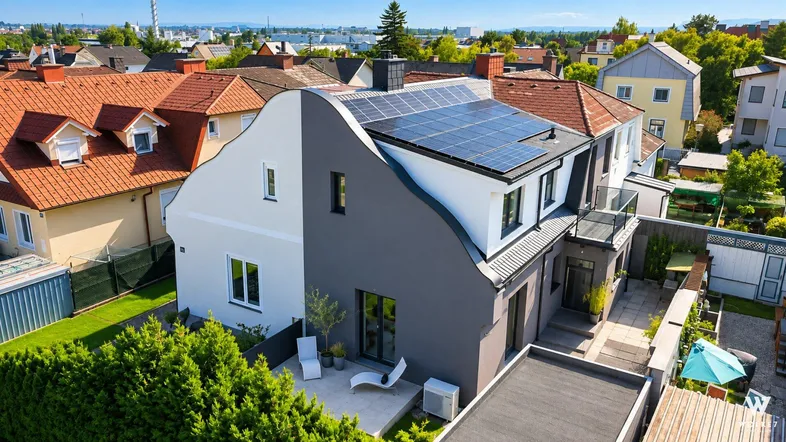 Moderne Doppelhaushälfte mit Photovoltaikanlage und Terrasse in ruhiger Wohngegend.