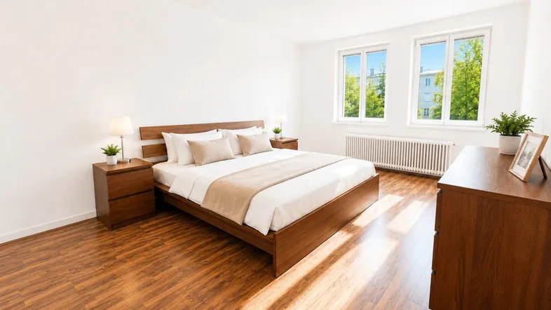 Helles Schlafzimmer mit Holzbett, Nachttischen und Laminatboden, bietet einen angenehmen Ausblick.