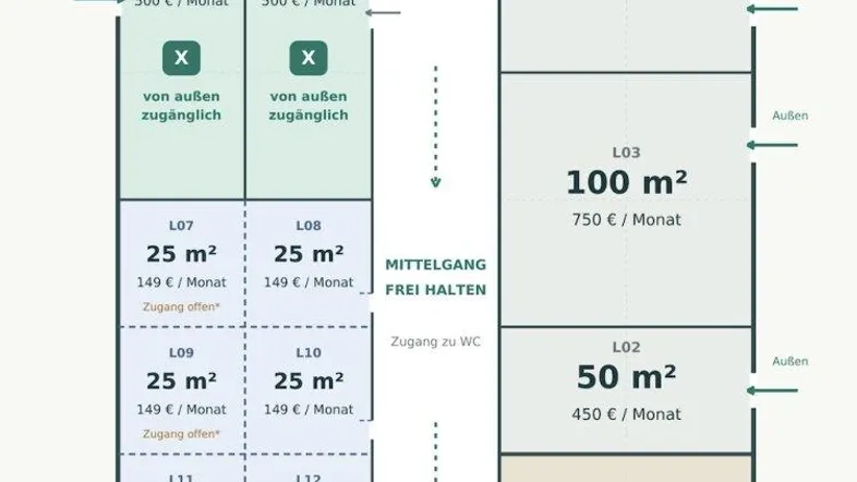 Grundrissplan der Lagerflächen in Jennersdorf mit verschiedenen Mieteinheiten und Größenangaben für gewerbliche Nutzung.