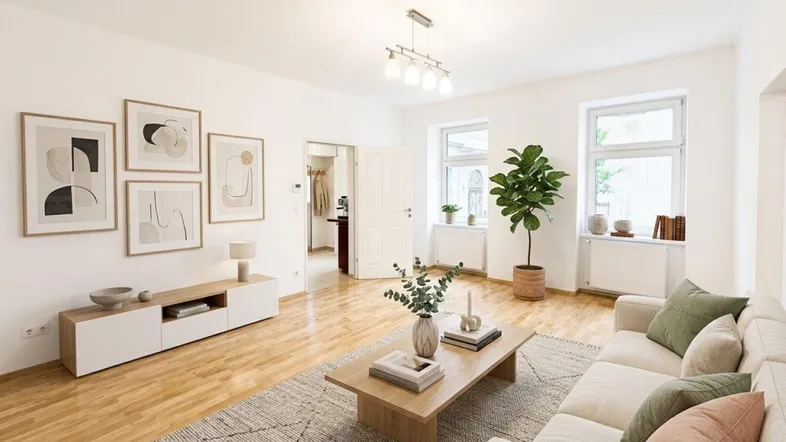 Virtuell inszeniertes, helles Wohnzimmer mit Parkettboden und modernen Möbeln.