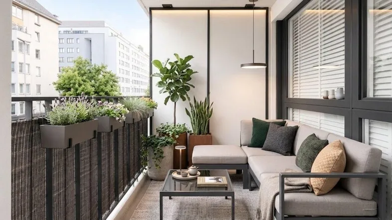 Moderner Balkon mit bequemen Sitzmöbeln, Pflanzen und Blick auf die Stadt.