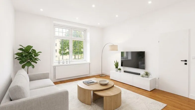 Helles Wohnzimmer mit modernen Möbeln, Holzboden, großem Fenster und Einbaustrahlern in der Decke.
