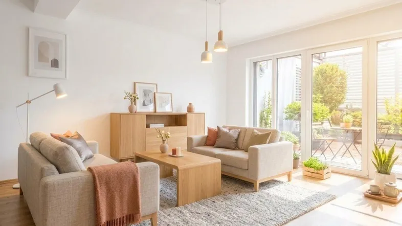 Helles Wohnzimmer mit modernen Holzmöbeln und direktem Zugang zu einer sonnigen Terrasse.