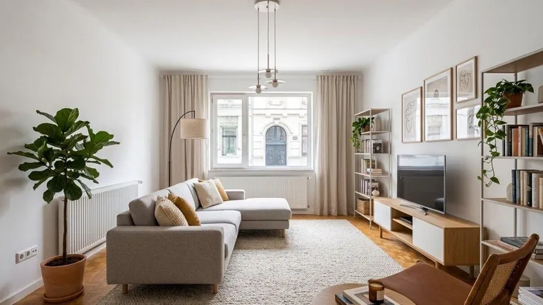 Helles Wohnzimmer mit modernem Sofa, TV-Möbel und Regalen, bietet einen angenehmen Wohnbereich.