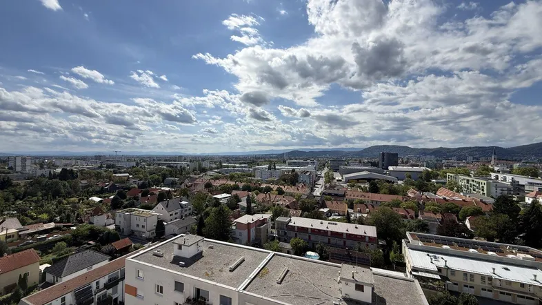 Panoramablick über die Stadt mit Wohngebäuden, viel Grün und Bergen am Horizont unter blauem Himmel.
