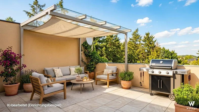 Große, möblierte Terrasse mit Grillbereich, Sonnenschutz und Blick ins Grüne.