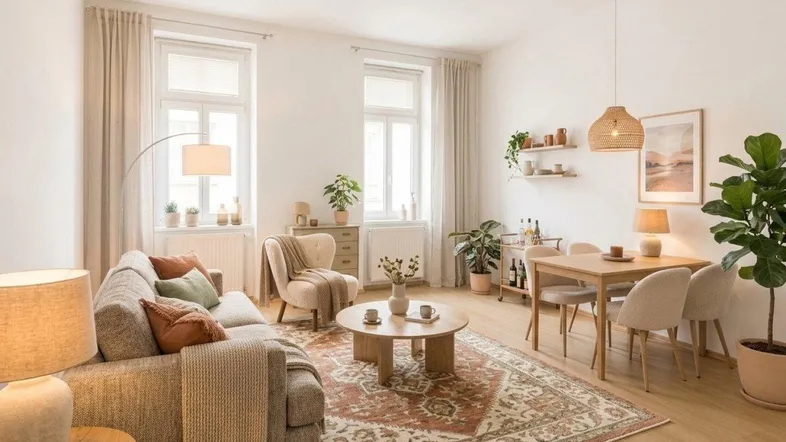 Helles Wohn- und Esszimmer mit modernem Teppich, bequemer Couch und Esstisch für gesellige Stunden.