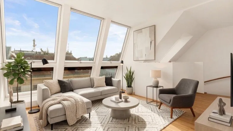 Helles, modern eingerichtetes Wohnzimmer im Dachgeschoss mit großen Fenstern und Holzboden.